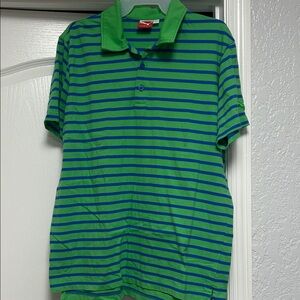 Puma Men's Green and Blue Striped Polo